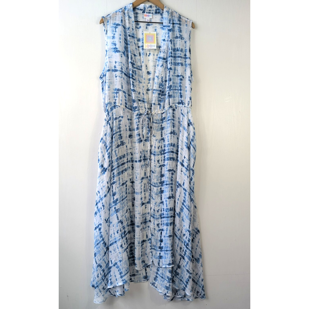 LuLaRoe Tie Dye Sleeveless Duster Vest Women L Blue White Watercolor Long NWT